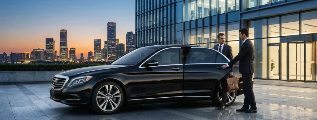 Premium corporate car rental fleet including Toyota Innova HyCross and luxury sedans parked outside a modern DLF Cyber City corporate office building in Delhi NCR.