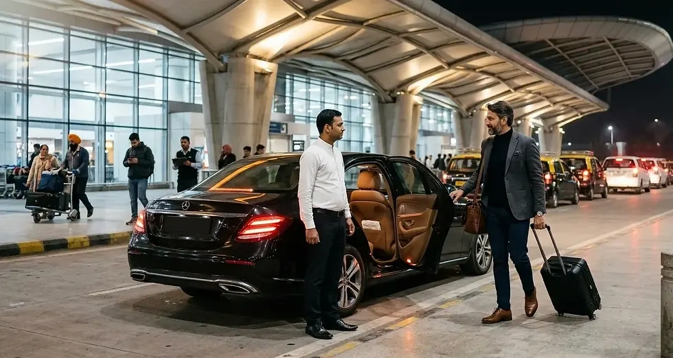 Luxury chauffeur welcoming an executive traveler at Delhi IGI Airport Terminal 3 for a premium hotel transfer