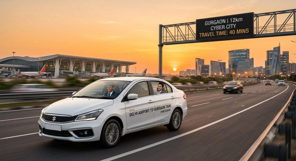 White sedan taxi driven by a professional chauffeur on NH-48 expressway from Delhi IGI Airport to Cyber City Gurgaon at sunset