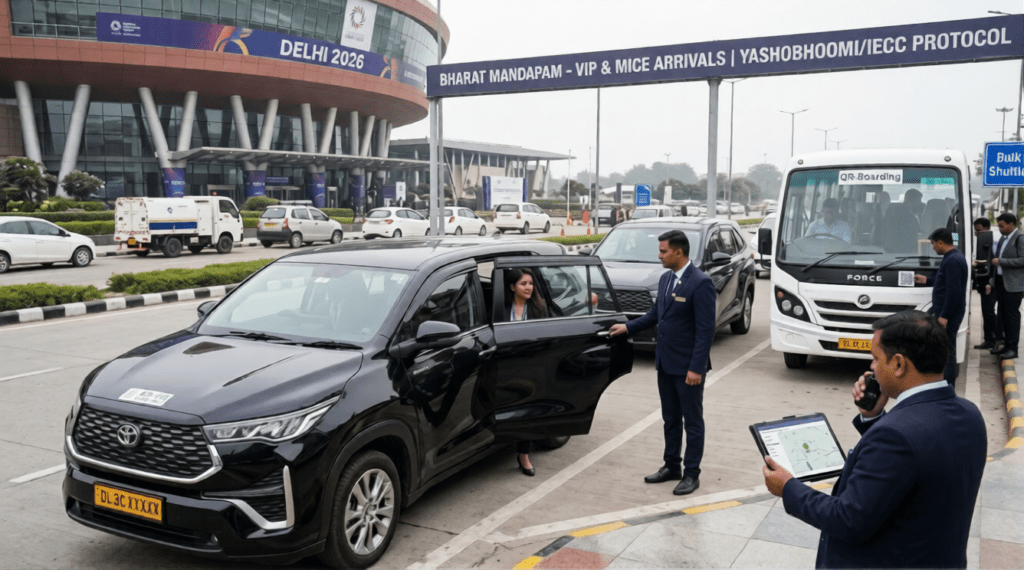 A black Toyota Innova HyCross VIP car with a chauffeur holding the door for a female passenger at the Bharat Mandapam 'VIP & MICE Arrivals' entrance in Delhi. In the background, there is a large 'DELHI 2026' event banner, a white Force 'QR-Boarding' bus, and other security personnel.